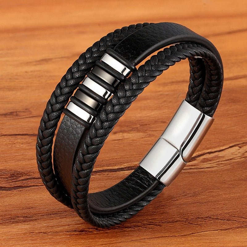 New Fashion Bracelet Stainless Steel Charm Layered with Genuine Leather - www.SharpDuds.com