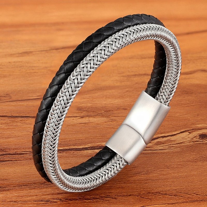 New Fashion Bracelet Stainless Steel Charm Layered with Genuine Leather - www.SharpDuds.com