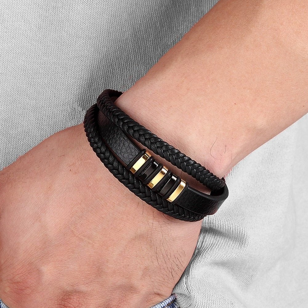 New Fashion Bracelet Stainless Steel Charm Layered with Genuine Leather - www.SharpDuds.com