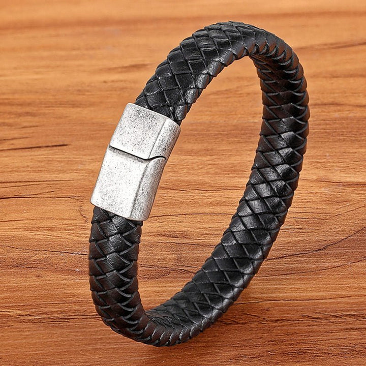 New Fashion Bracelet Stainless Steel Charm Layered with Genuine Leather - www.SharpDuds.com