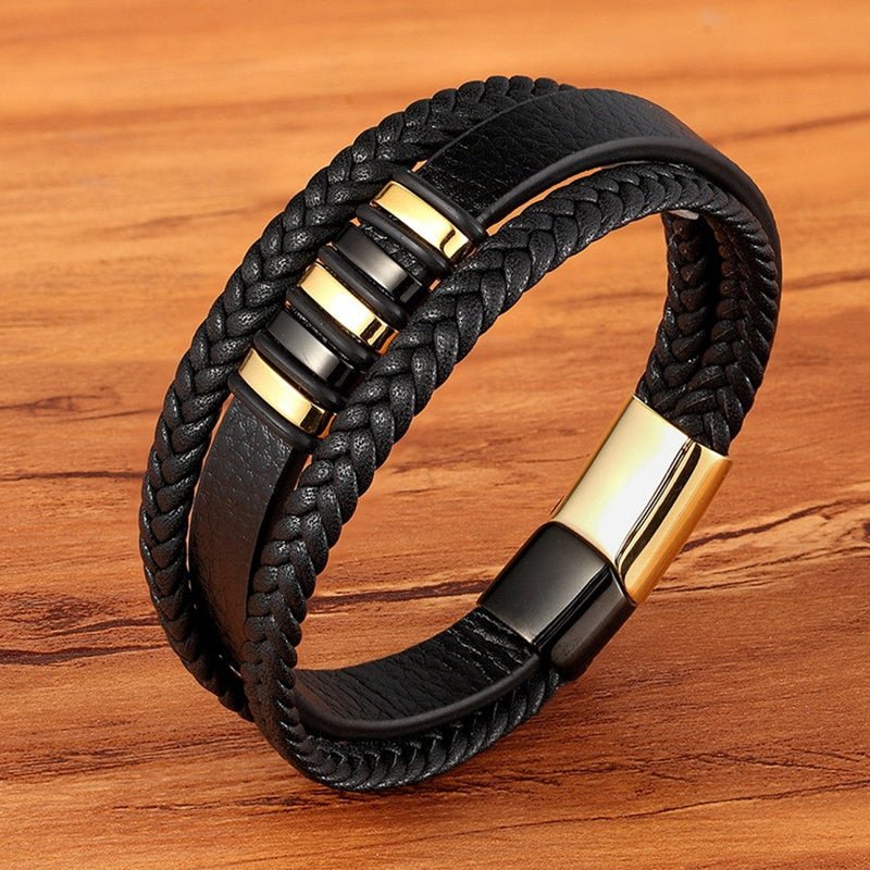 New Fashion Bracelet Stainless Steel Charm Layered with Genuine Leather - www.SharpDuds.com