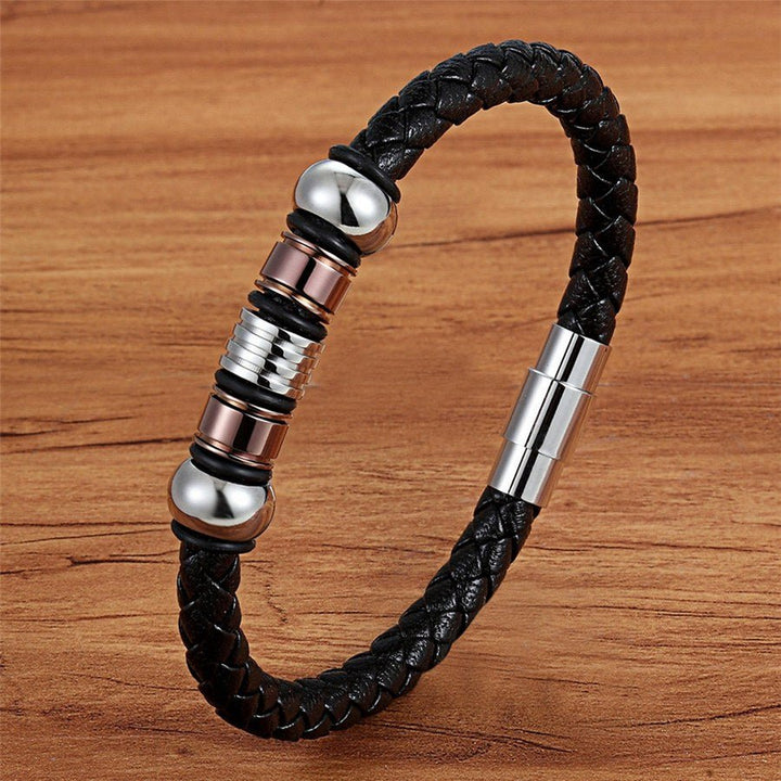 New Fashion Bracelet Stainless Steel Charm Layered with Genuine Leather - www.SharpDuds.com