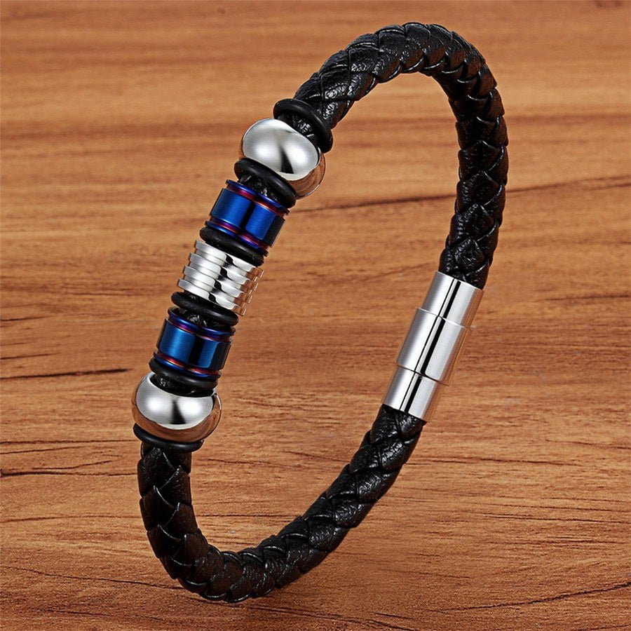 New Fashion Bracelet Stainless Steel Charm Layered with Genuine Leather - www.SharpDuds.com