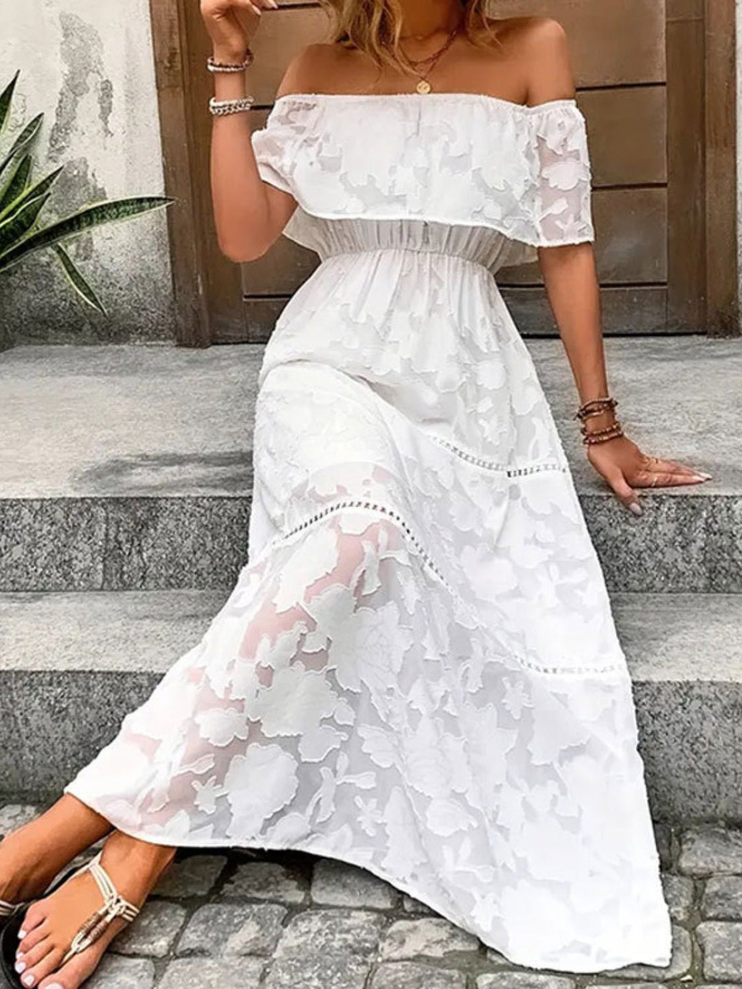 Off - Shoulder Short Sleeve Maxi Dress - SharpDuds