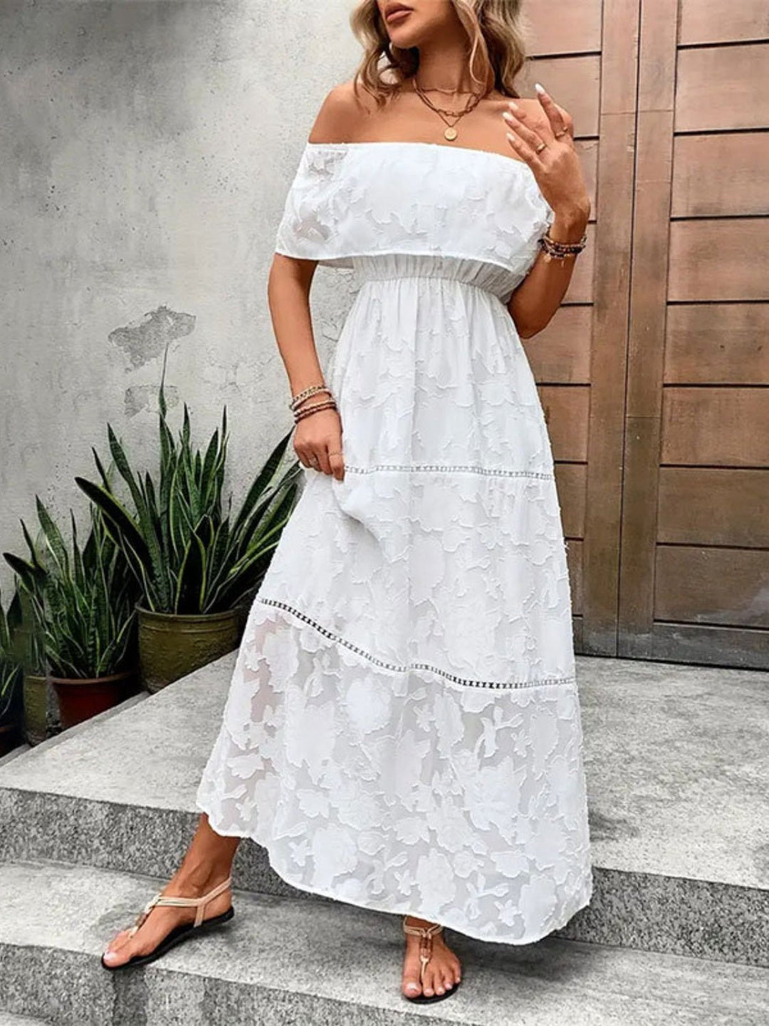 Off - Shoulder Short Sleeve Maxi Dress - SharpDuds