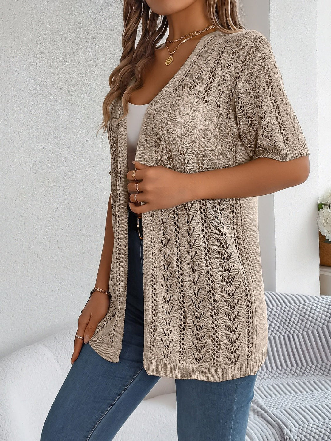 Openwork Open Front Half Sleeve Cardigan - SharpDuds