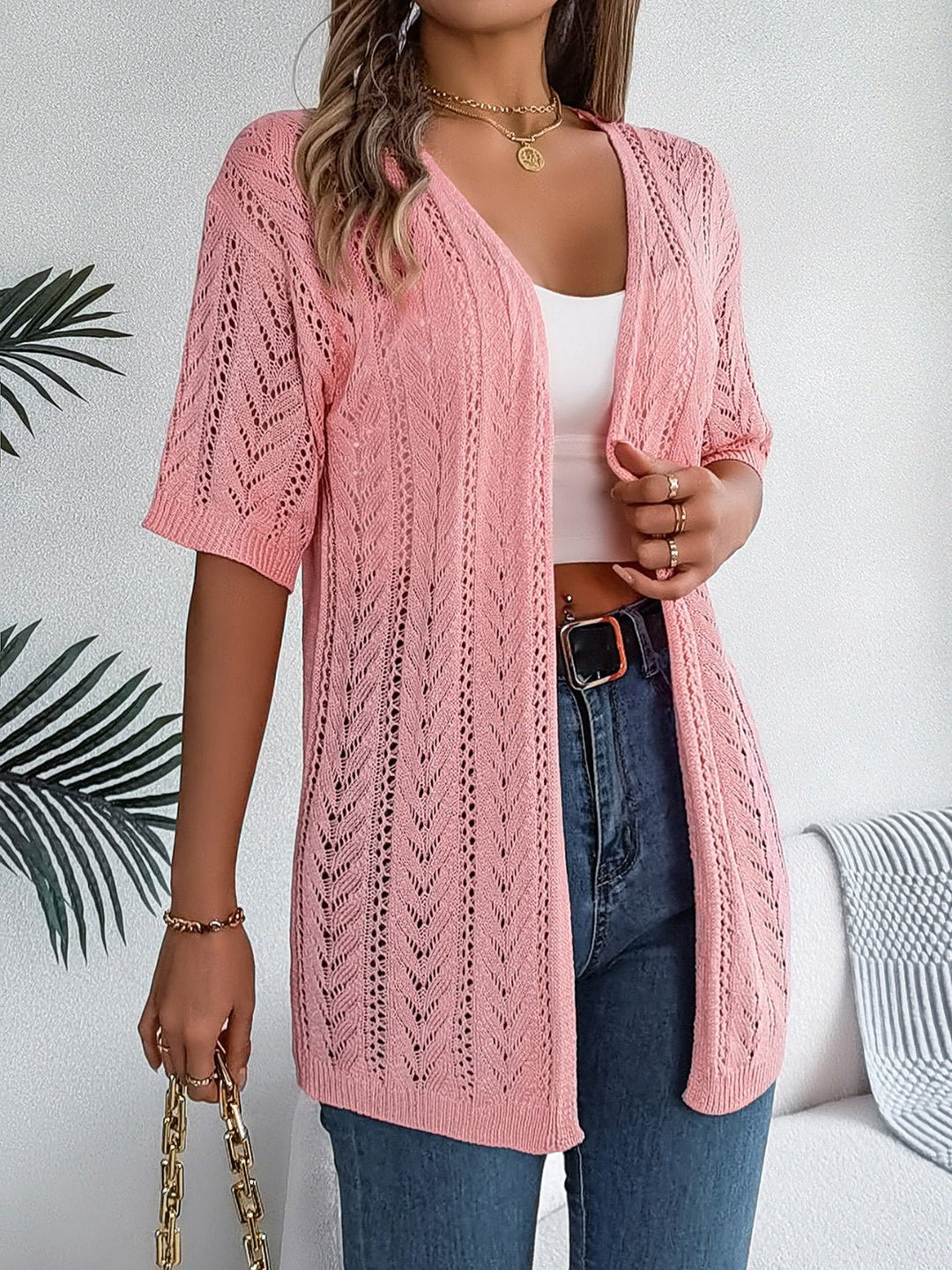 Openwork Open Front Half Sleeve Cardigan - SharpDuds