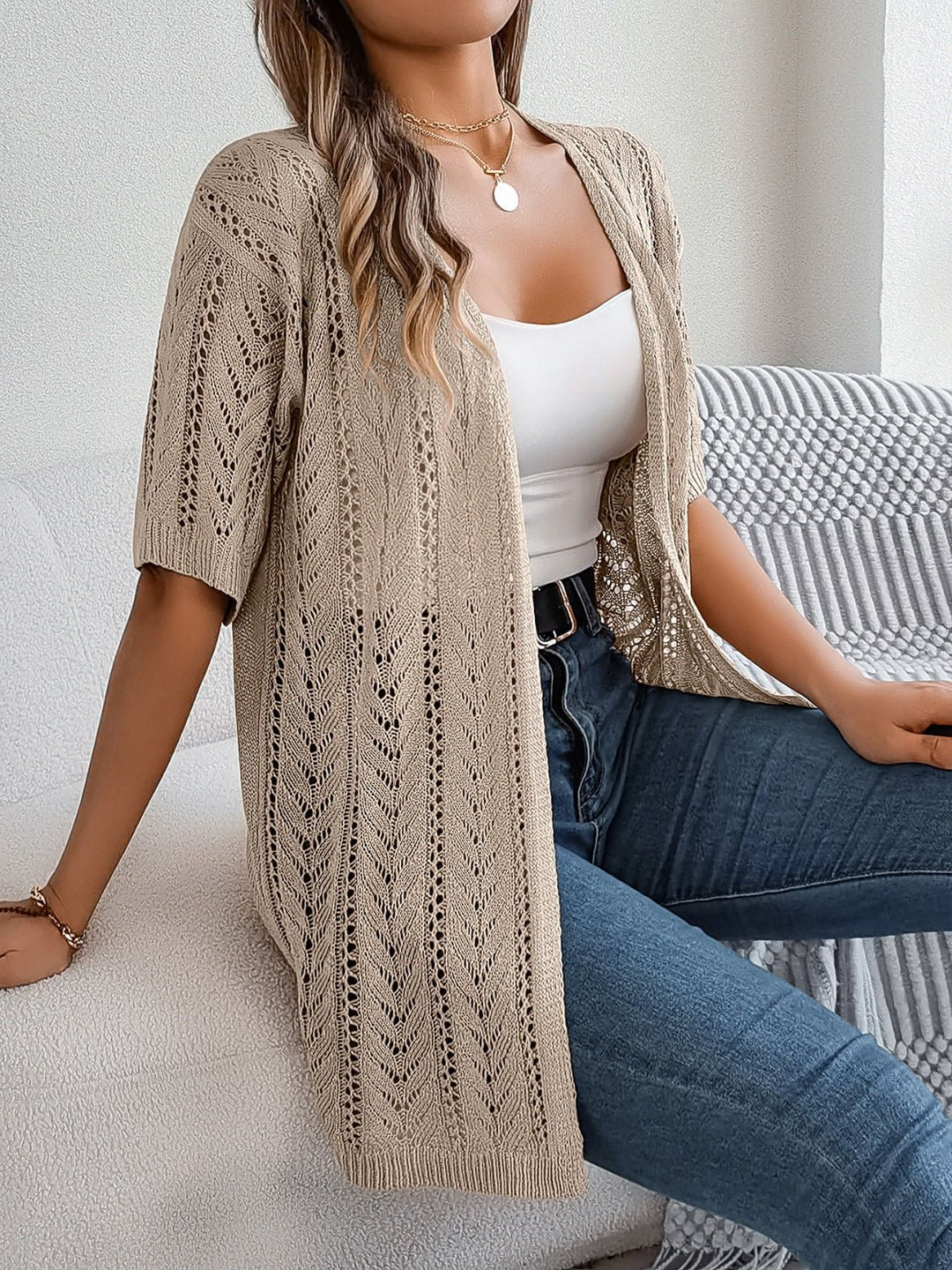 Openwork Open Front Half Sleeve Cardigan - SharpDuds