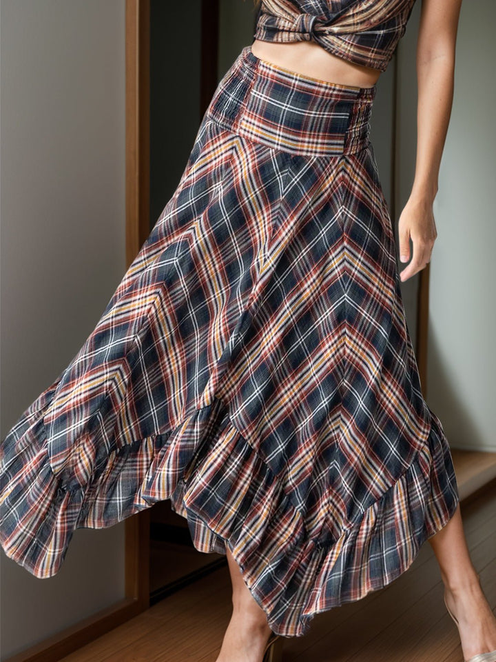 Plaid Asymmetrical Ruffle Hem Skirt - SharpDuds