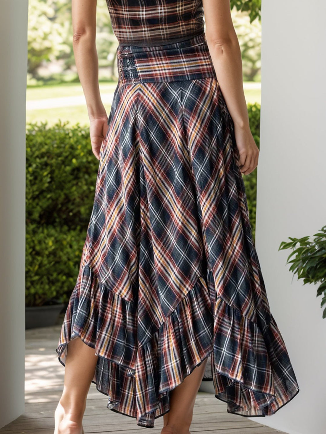 Plaid Asymmetrical Ruffle Hem Skirt - SharpDuds