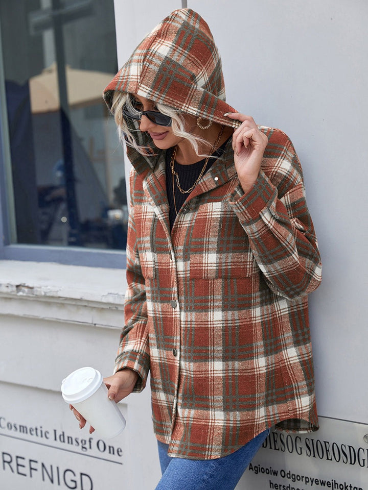 Plaid Button Up Long Sleeve Hooded Jacket - SharpDuds