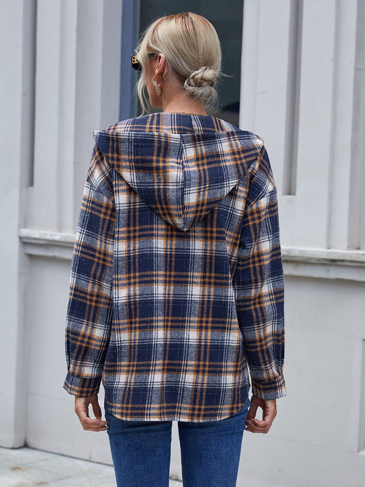 Plaid Button Up Long Sleeve Hooded Jacket - SharpDuds