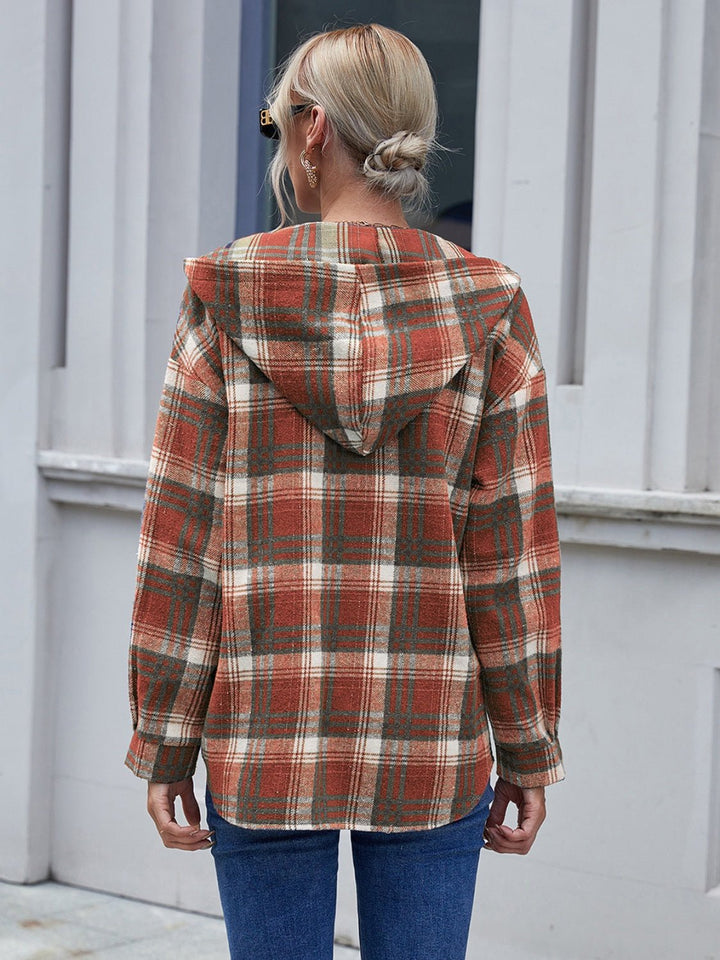 Plaid Button Up Long Sleeve Hooded Jacket - SharpDuds