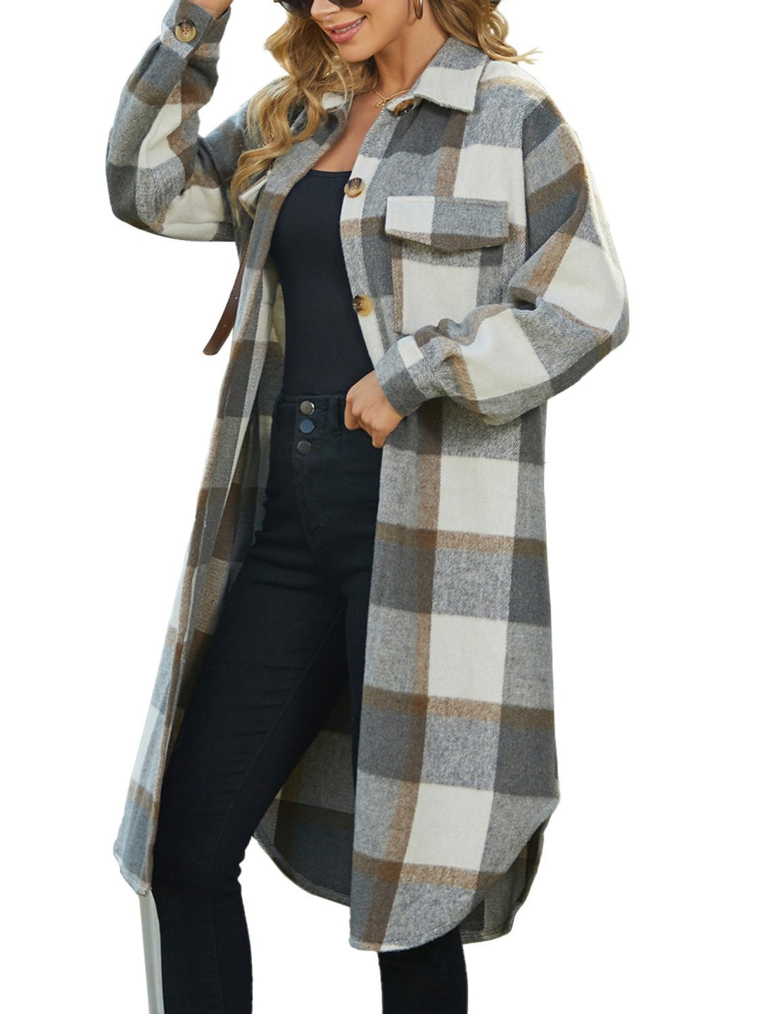 Plaid Collared Neck Long Sleeve Longline Jacket - SharpDuds