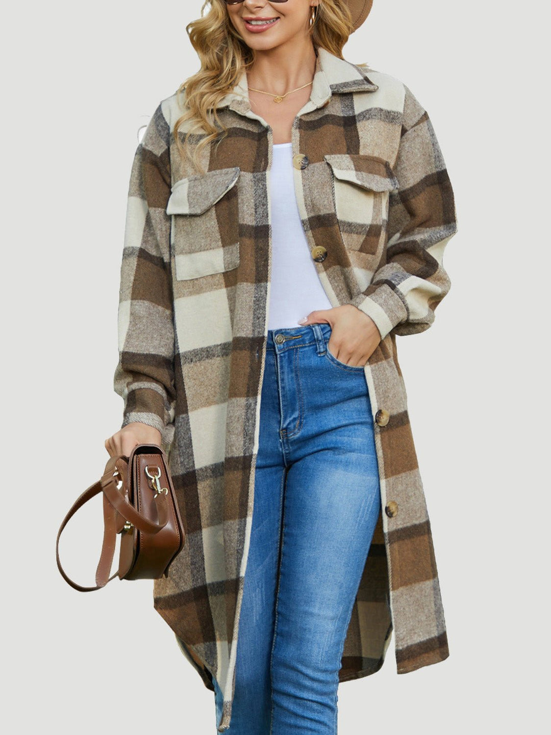 Plaid Collared Neck Long Sleeve Longline Jacket - SharpDuds