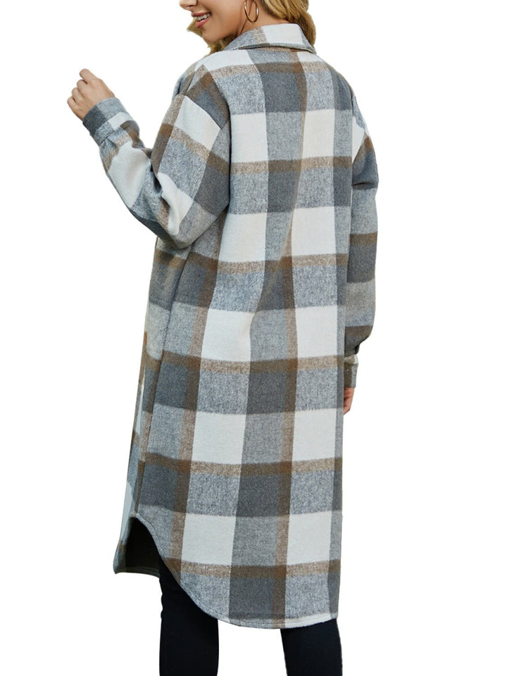 Plaid Collared Neck Long Sleeve Longline Jacket - SharpDuds