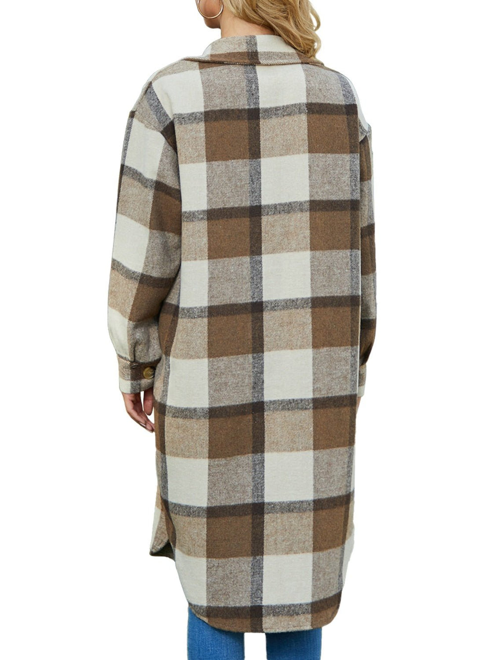 Plaid Collared Neck Long Sleeve Longline Jacket - SharpDuds