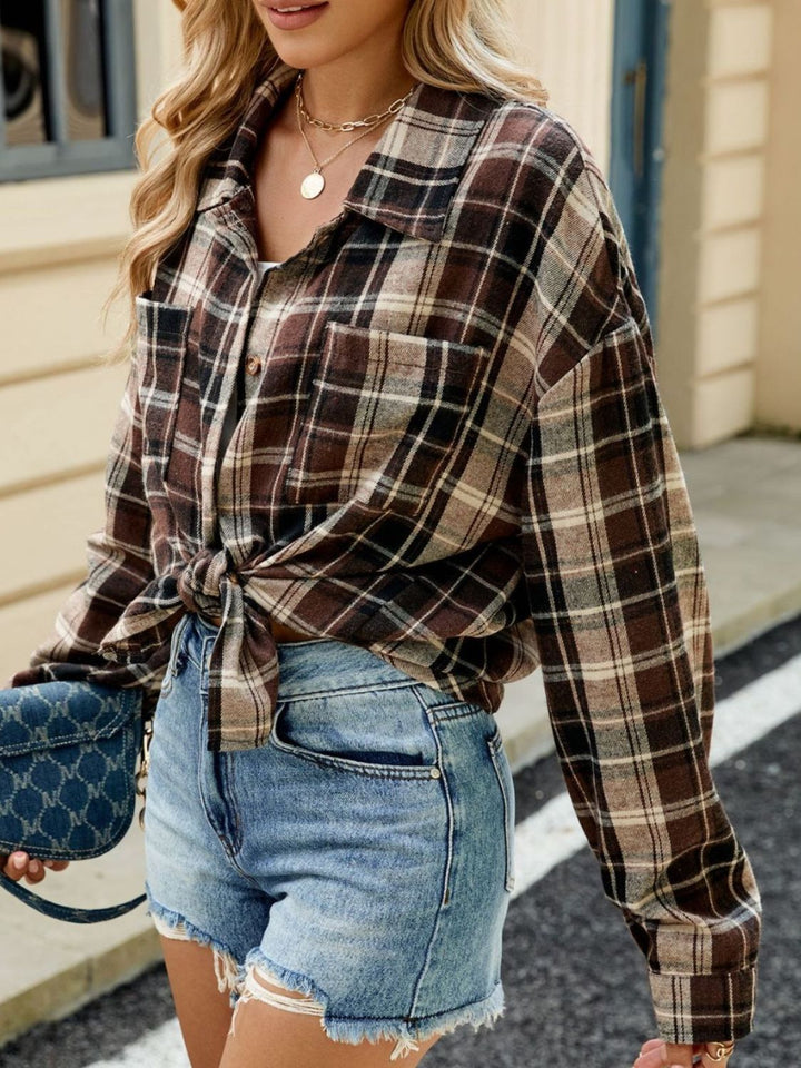 Plaid Collared Neck Long Sleeve Shirt - SharpDuds