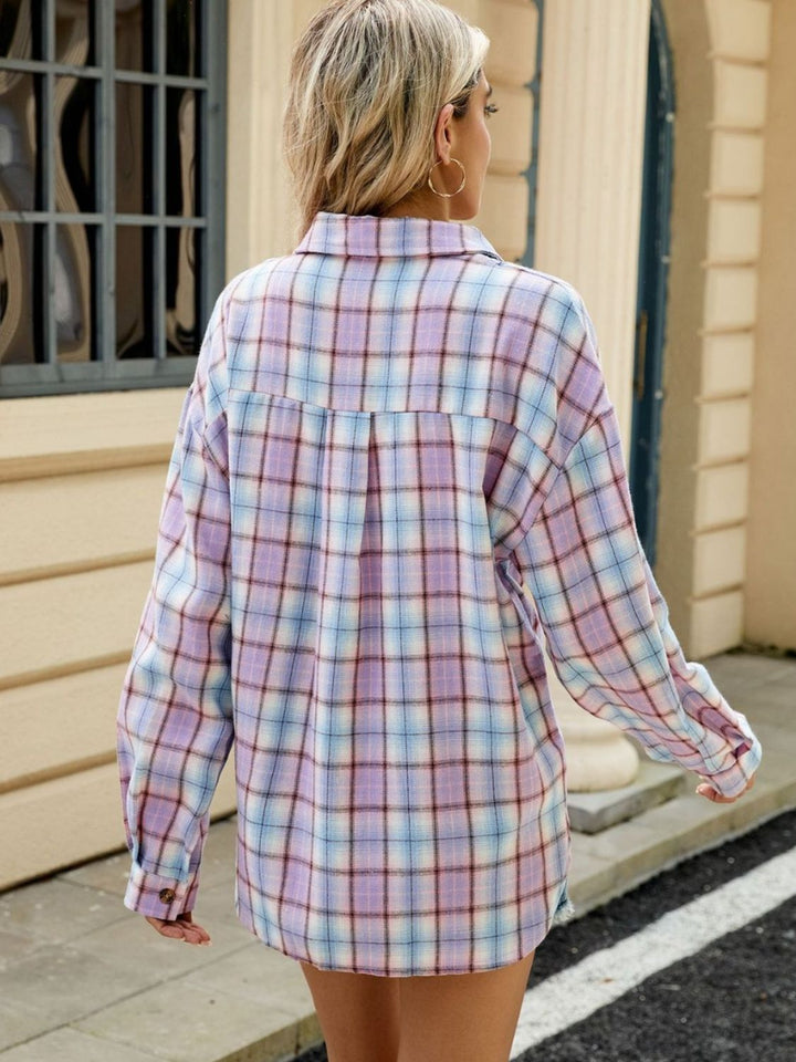 Plaid Collared Neck Long Sleeve Shirt - SharpDuds