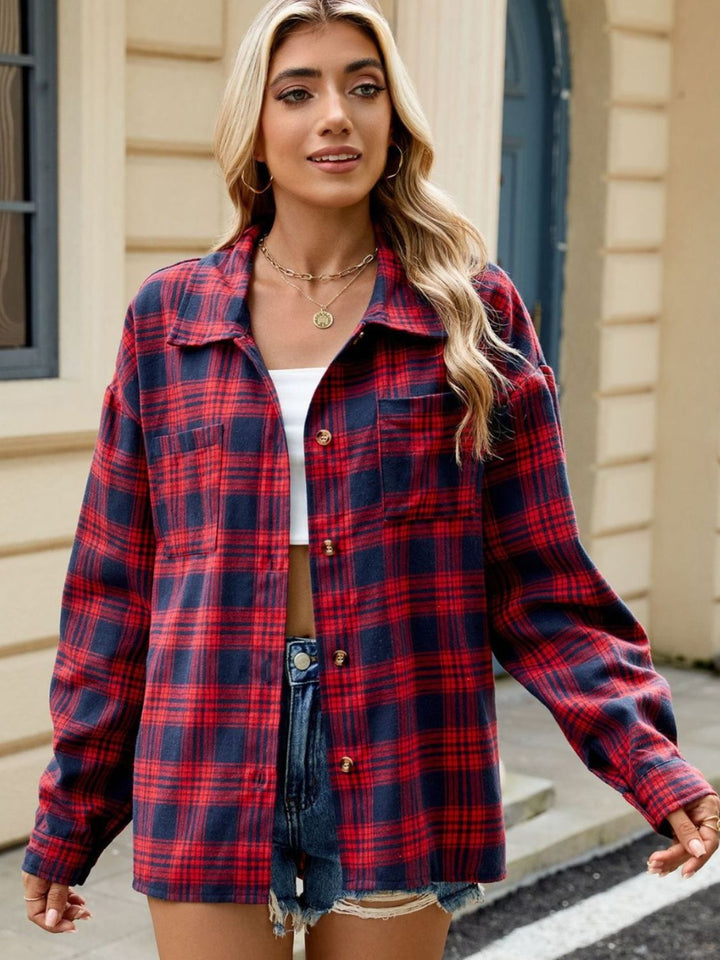 Plaid Collared Neck Long Sleeve Shirt - SharpDuds