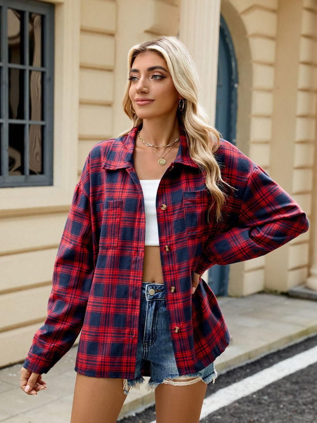 Plaid Collared Neck Long Sleeve Shirt - SharpDuds