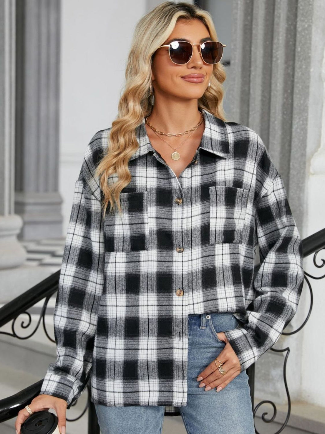 Plaid Collared Neck Long Sleeve Shirt - SharpDuds