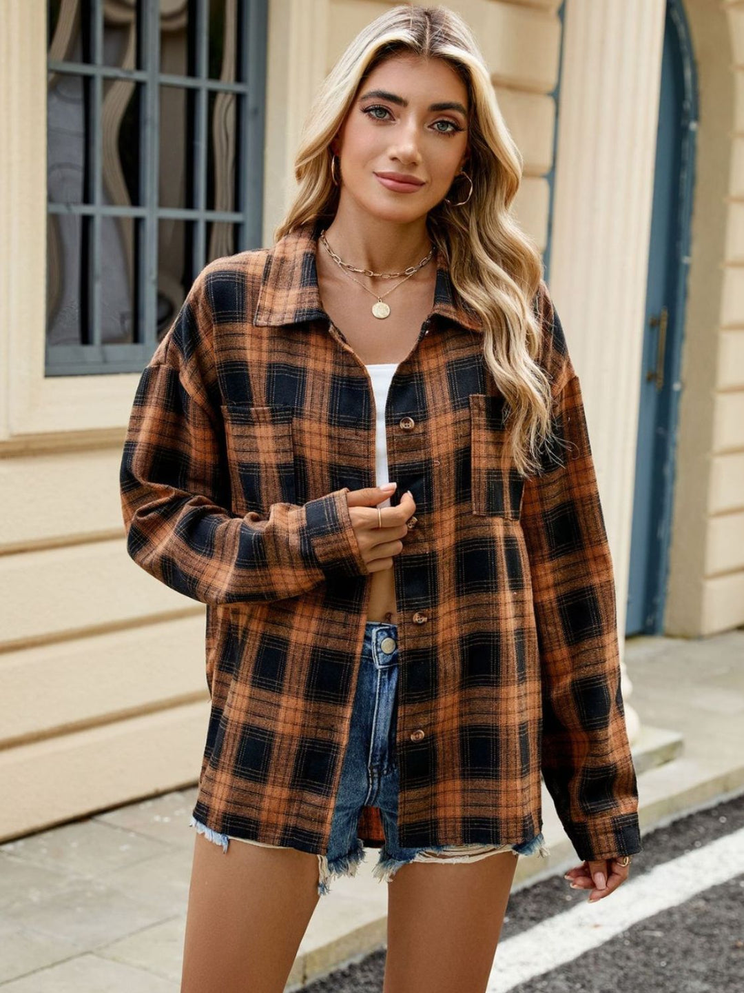 Plaid Collared Neck Long Sleeve Shirt - SharpDuds