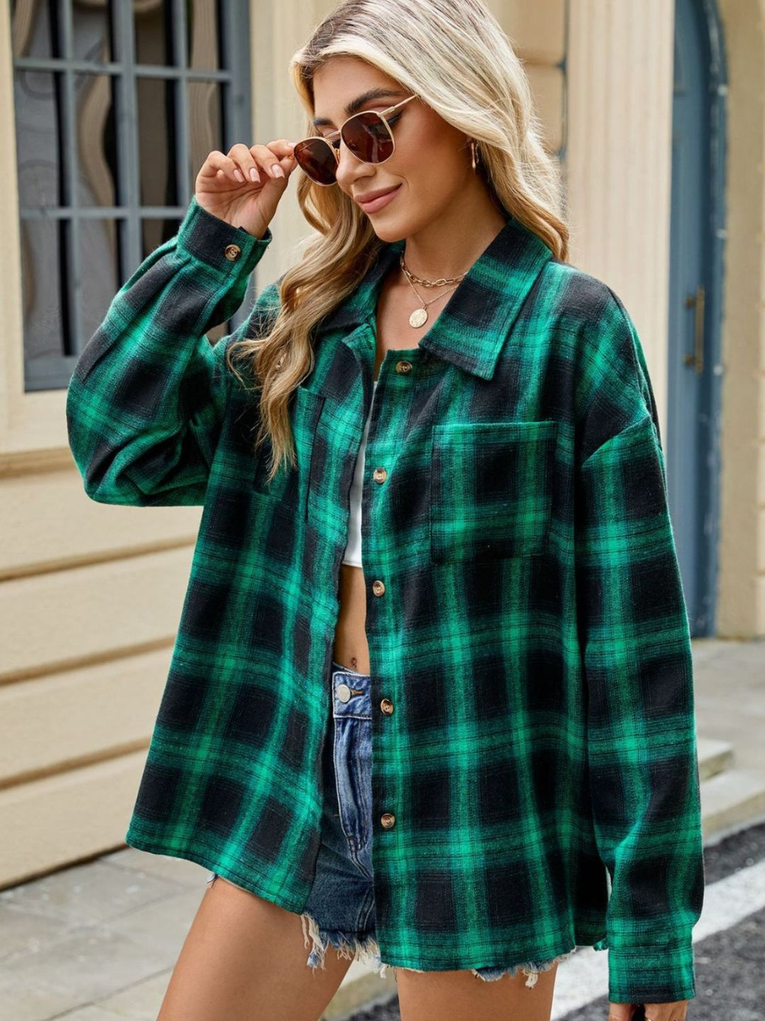 Plaid Collared Neck Long Sleeve Shirt - SharpDuds