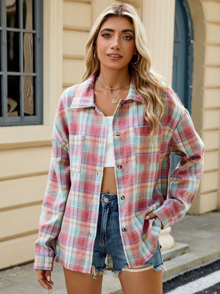 Plaid Collared Neck Long Sleeve Shirt - SharpDuds