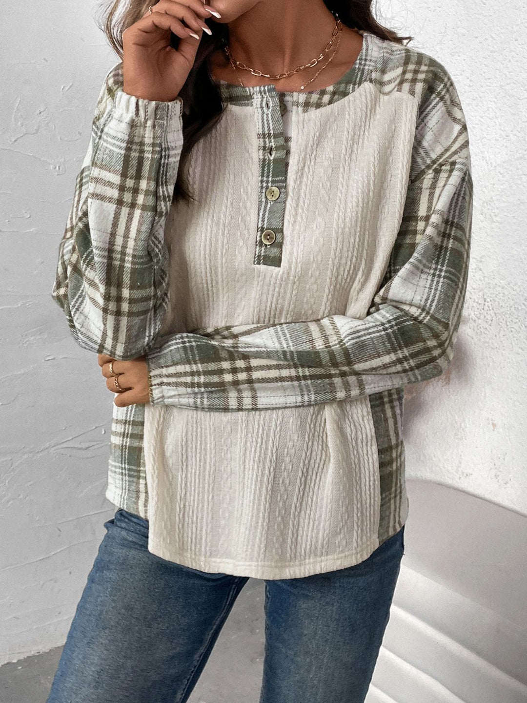 Plaid Half Button Long Sleeve T-Shirt - SharpDuds