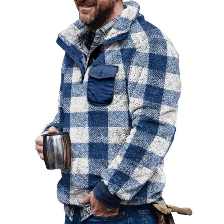 Plaid Print Fleece Quarter Button Pullover - www.SharpDuds.com