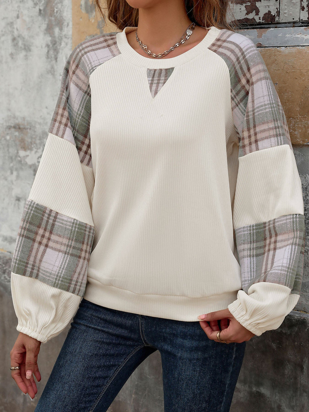 Plaid Round Neck Long Sleeve Sweatshirt - SharpDuds