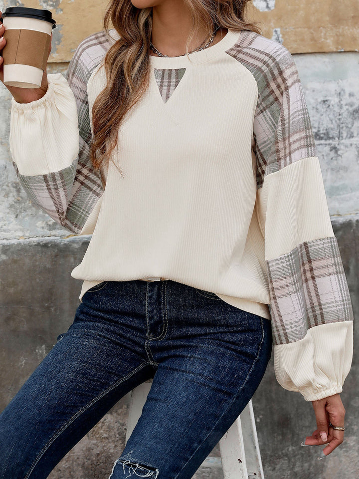 Plaid Round Neck Long Sleeve Sweatshirt - SharpDuds