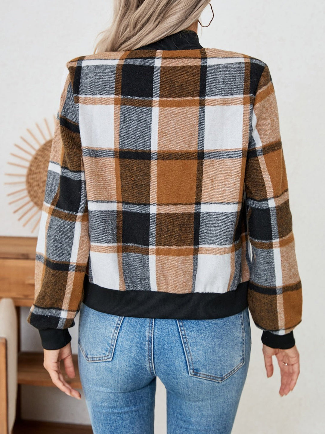 Plaid Zip Up Long Sleeve Jacket - SharpDuds