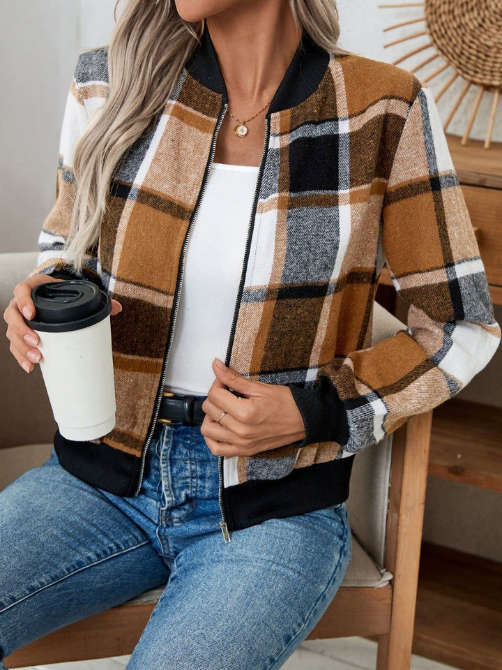 Plaid Zip Up Long Sleeve Jacket - SharpDuds