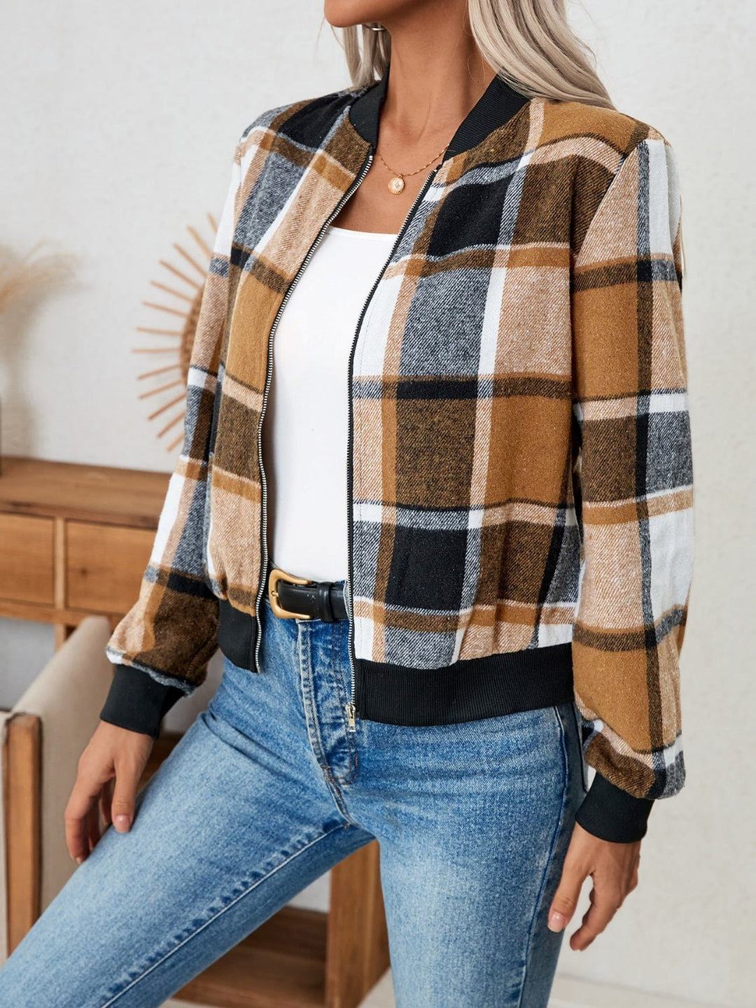 Plaid Zip Up Long Sleeve Jacket - SharpDuds