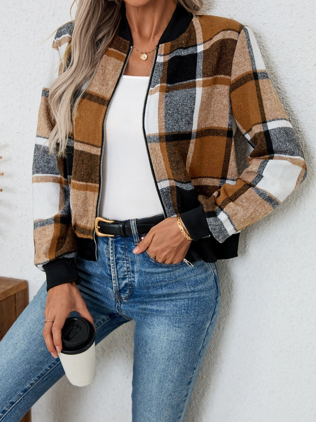 Plaid Zip Up Long Sleeve Jacket - SharpDuds