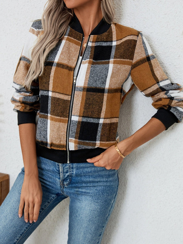 Plaid Zip Up Long Sleeve Jacket - SharpDuds