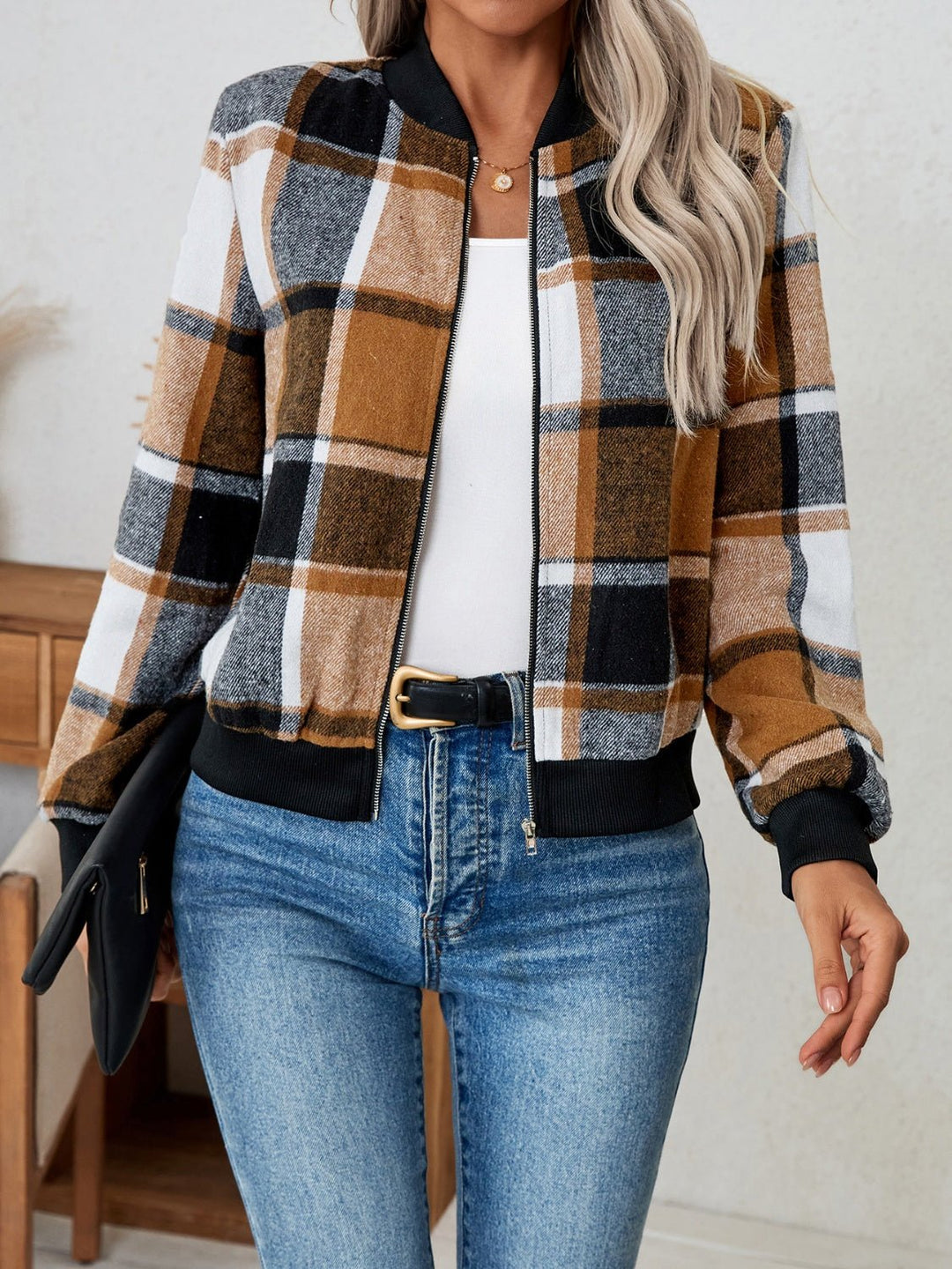 Plaid Zip Up Long Sleeve Jacket - SharpDuds