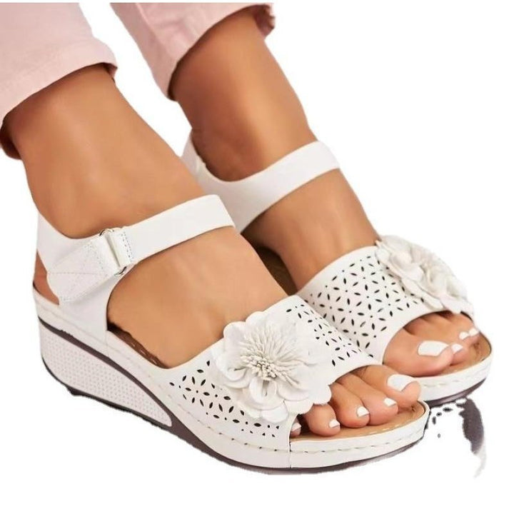 Plus Size Hollow-out Flower Platform Wedge Sandals - www.SharpDuds.com