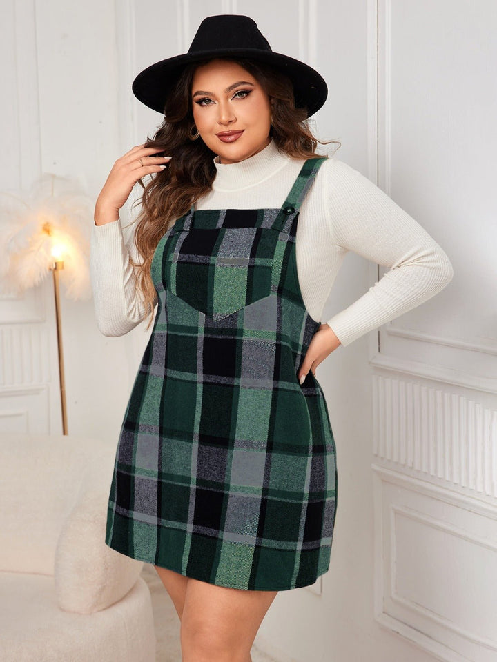 Plus Size Plaid Wide Strap Overall Dress - SharpDuds