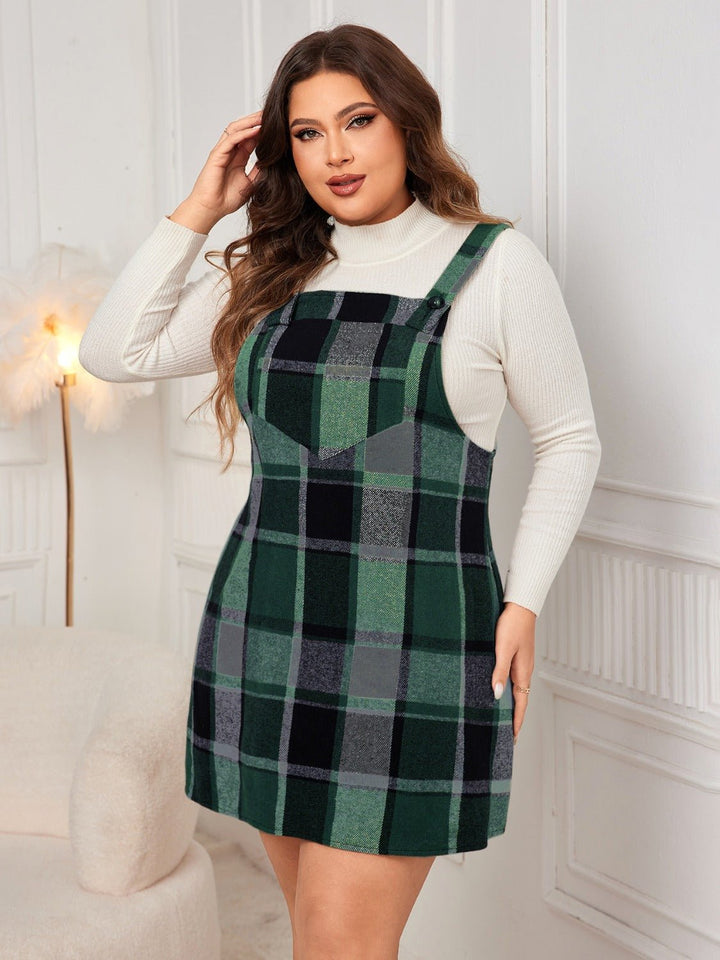 Plus Size Plaid Wide Strap Overall Dress - SharpDuds