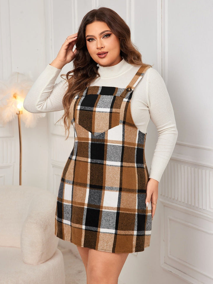 Plus Size Plaid Wide Strap Overall Dress - SharpDuds