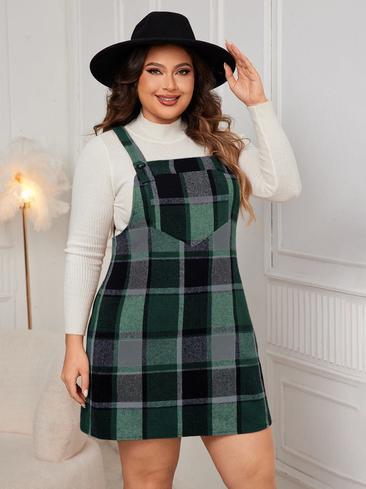 Plus Size Plaid Wide Strap Overall Dress - SharpDuds