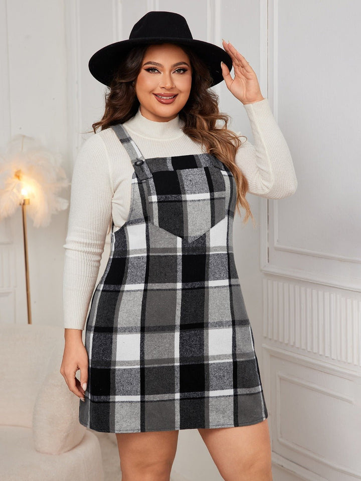 Plus Size Plaid Wide Strap Overall Dress - SharpDuds