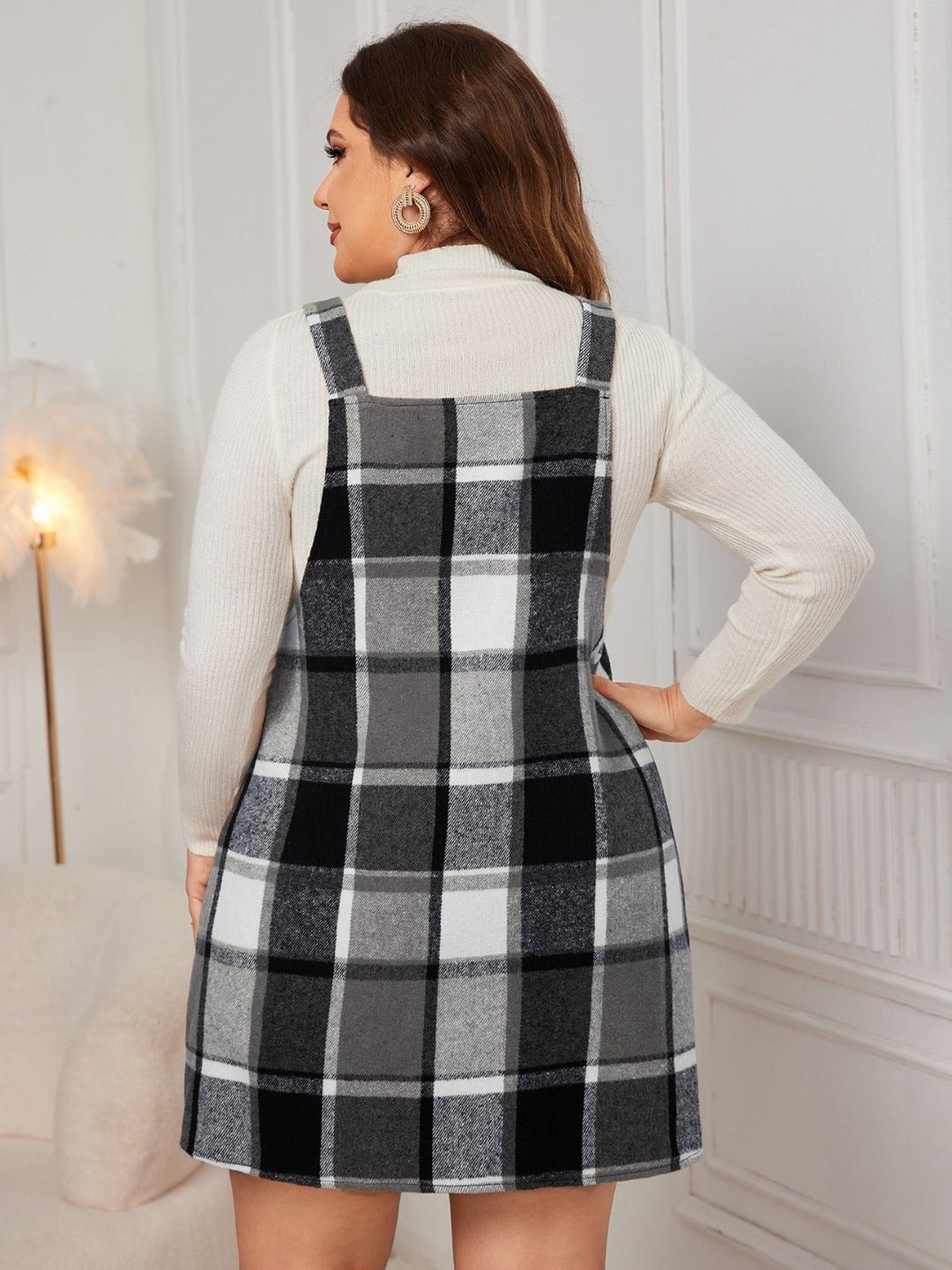 Plus Size Plaid Wide Strap Overall Dress - SharpDuds