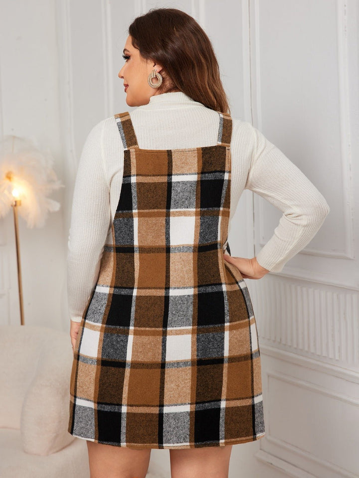 Plus Size Plaid Wide Strap Overall Dress - SharpDuds