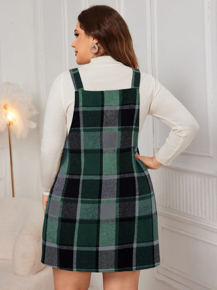 Plus Size Plaid Wide Strap Overall Dress - SharpDuds