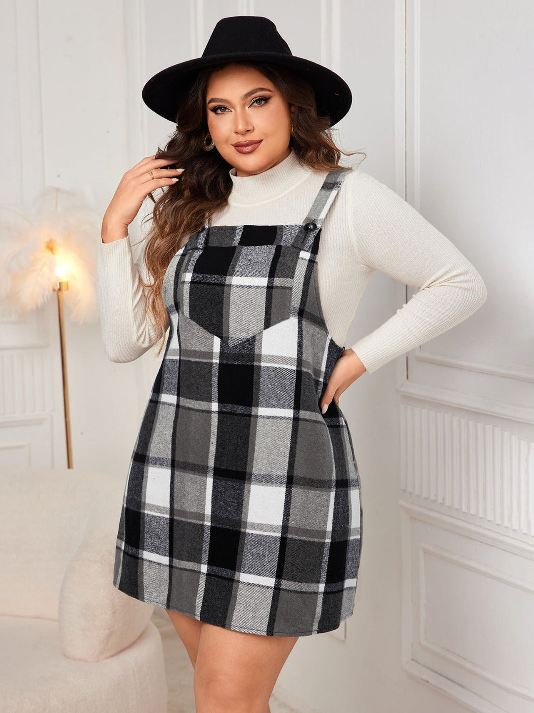 Plus Size Plaid Wide Strap Overall Dress - SharpDuds