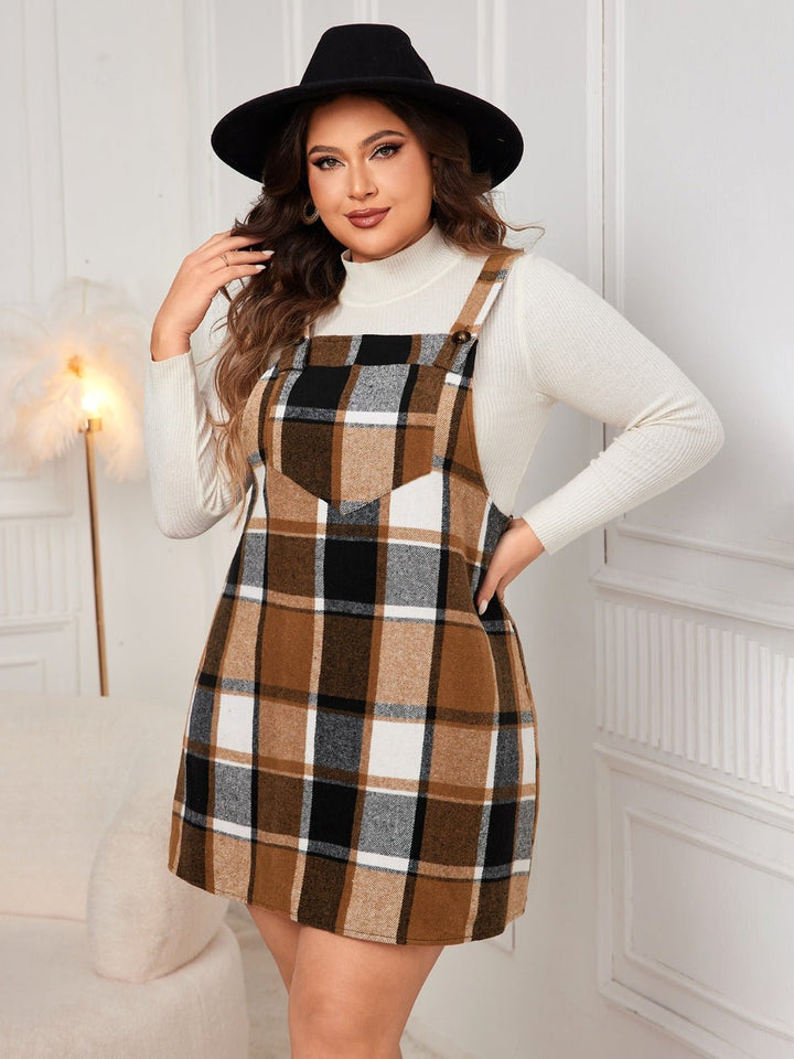 Plus Size Plaid Wide Strap Overall Dress - SharpDuds